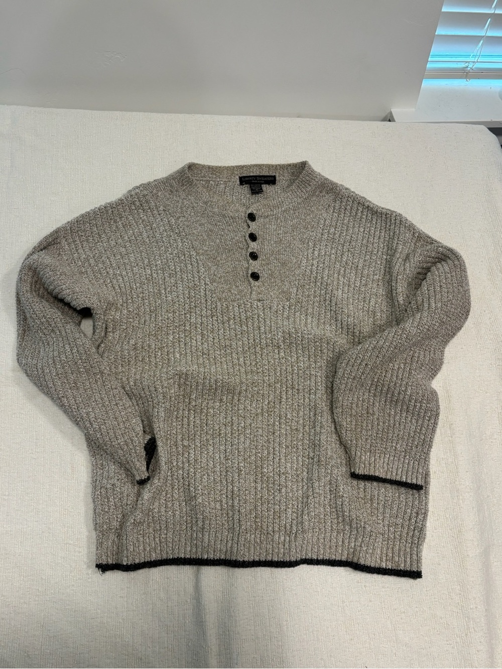 Men's Crewneck Ribbed Button Pullover Sweater - Light Gray with Contrast Trim